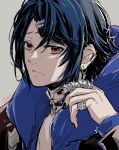  1boy alcryst_(fire_emblem) blue_hair choker closed_mouth earrings fire_emblem fire_emblem_engage hair_between_eyes hair_ornament hairclip highres hood hoodie jewelry looking_at_viewer piercing pout red_eyes ring short_hair solo umi_(_oneinchswing) 