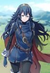  1girl ameno_(a_meno0) armor black_sweater blue_cape blue_eyes blue_gloves blue_hair blue_sky blush cape closed_mouth clouds commentary_request fingerless_gloves fire_emblem fire_emblem_awakening floating_hair gloves grass hair_between_eyes long_hair long_sleeves looking_at_viewer lucina_(fire_emblem) outdoors pauldrons red_cape ribbed_sweater shoulder_armor sky smile solo sweater tiara turtleneck turtleneck_sweater two-tone_cape 