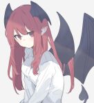  1girl black_wings closed_mouth collared_shirt demon_tail demon_wings garasuno head_wings highres koakuma long_hair long_sleeves pointy_ears red_eyes redhead shirt simple_background solo tail touhou upper_body white_background white_shirt wings 