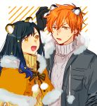  1boy 1girl animal_ears arm_up black_gloves black_hair blonde_hair blue_hair buttons commentary_request earrings gloves gradient_hair green_eyes hair_between_eyes hair_ornament highres hinata_(ryohinata) jewelry long_hair looking_at_another multicolored_hair open_mouth orange_eyes orange_hair orange_sweater partial_commentary pom_pom_(clothes) project_sekai shinonome_akito shiraishi_an short_hair star_(symbol) star_hair_ornament streaked_hair stud_earrings sweater tiger_ears turtleneck turtleneck_sweater two-tone_hair upper_body 