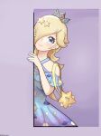  1girl alternate_costume bag blonde_hair blue_eyes blue_nails closed_mouth crown dress earrings eyelashes hair_over_one_eye highres jewelry looking_at_viewer rosalina shoulder_bag smile solo space_print star_(symbol) star_earrings starry_sky_print super_mario_bros. thedarkestuno twitter_username yellow_bag 