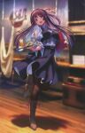  1girl absurdres blurry blurry_background boots breasts cup food full_body hanikami_kanojo highres holding holding_tray indoors long_hair looking_at_viewer medium_breasts open_mouth pantyhose piromizu puffy_sleeves scan shadow shizuki_neru short_sleeves simple_background skirt smile solo tray 