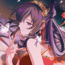  1girl ao_no_kiseki bare_shoulders bow-shaped_hair bug butterfly china_dress chinese_clothes dress earrings eiyuu_densetsu flower hair_between_eyes hair_ornament highres jewelry nail_polish purple_hair rixia_mao sleeveless solo ye_(pixiv4862539) zero_no_kiseki 