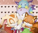  3girls animal_ears blaze_the_cat blue_eyes blue_ribbon brown_fur cat_ears cat_girl cheese_(sonic) closed_eyes cream_the_rabbit dress eyelashes forehead_jewel gloves green_shirt group_hug heart hug low_twintails marine_the_raccoon multiple_girls orange_dress purple_fur rabbit_ears rabbit_girl rabbit_tail raccoon_girl raccoon_tail ribbon shirt sonic_(series) strapless strapless_shirt sweatdrop tail twintails unichrome-uni white_gloves yellow_eyes 