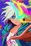  1boy danganronpa_(series) danganronpa_2:_goodbye_despair famima_de_neppuri green_eyes green_hair green_jacket grey_hair hand_up hood hood_down hooded_jacket jacket komaeda_nagito looking_at_viewer male_focus messy_hair multicolored_background multicolored_hair open_clothes open_jacket print_shirt reaching reaching_towards_viewer shirt solo upper_body 