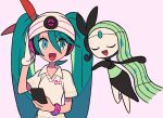 1girl :d beanie bracelet collared_shirt commentary_request crossover eyelashes gloves green_eyes green_hair hair_between_eyes hand_up happy hat hatsune_miku holding jewelry long_hair meloetta open_mouth pokemon pokemon_(creature) project_voltage shirt short_sleeves smile tongue twintails tyako_089 vocaloid white_gloves white_headwear white_shirt