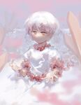  1girl badai brown_eyes closed_mouth commentary_request ebisu_eika highres outdoors outstretched_arms partially_submerged puffy_short_sleeves puffy_sleeves red_trim shirt short_hair short_sleeves smile touhou upper_body wavy_hair white_hair white_shirt 