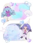  1boy blue_hair boots bubble chibi gloves green_eyes happy heart james_(pokemon) macchiromomomo male_focus mareanie pokemon pokemon_(anime) pokemon_(creature) pokemon_(game) pokemon_sm shell water 