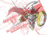  cape digimon digimon_(creature) dukemon english_text gundam gundam_barbatos gundam_tekketsu_no_orphans highres knight lance mecha mobile_suit_gundam polearm red_cape robot sd_gundam shield tidus_(pride111708) weapon yellow_eyes 