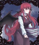  1girl bat_wings black_background black_skirt black_vest book closed_mouth collared_shirt commentary head_wings highres holding holding_book kanaria_(bocmn) koakuma long_hair long_sleeves multiple_wings necktie one-hour_drawing_challenge red_eyes red_necktie redhead shirt skirt smile solo touhou vest white_shirt wings 