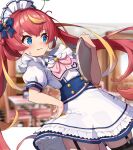  1girl alternate_costume blue_eyes blurry blurry_background blush breasts closed_mouth commentary_request enmaided hair_between_eyes hair_ornament highres indie_virtual_youtuber long_hair looking_at_viewer maid maid_cafe mefuchan mei_(vtuber) redhead ribbon small_breasts solo sweat thigh-highs tray twintails virtual_youtuber 