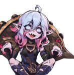  1girl ahoge briar_(league_of_legends) colored_sclera detached_sleeves english_text grey_hair hair_between_eyes knees league_of_legends long_hair multicolored_hair no_pupils open_mouth phantom_ix_row pink_hair pointy_ears red_sclera sharp_teeth sidelocks simple_background sitting solo spread_legs teeth two-tone_hair upper_teeth_only vampire white_background white_eyes wrist_cuffs 