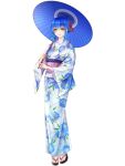  1girl blue_hair blue_umbrella dairoku_ryouhei floral_print full_body japanese_clothes kimono looking_at_viewer obi oil-paper_umbrella sandals sash smile solo standing stella_evans transparent_background umbrella wide_sleeves yamaneko514 yellow_eyes yukata 