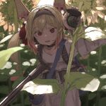  1girl animal_ears black_hairband blonde_hair blush compass fake_animal_ears field flower flower_field gradient_hair grenade_hair_ornament gun hairband highres holding holding_gun holding_weapon ikine_tomeru kappa_modoki long_hair looking_at_viewer multicolored_hair open_mouth red_eyes redhead shinsougumi solo sunflower sunflower_field sweatdrop twintails virtual_youtuber weapon 