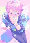 1boy bandaid black_pants black_shirt blue_shirt blush circus66 covering_mouth ensemble_stars! floral_print floral_print_shirt itsuki_shu looking_at_viewer male_focus multicolored_background multicolored_shirt pants pink_background pink_hair shirt short_bangs short_hair solo translation_request violet_eyes white_background yellow_background 