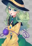  1girl alternate_hair_length alternate_hairstyle artist_name bad_id bad_twitter_id black_headwear blue_eyes buttons collared_shirt diamond_button frilled_shirt_collar frills green_hair green_skirt hair_between_eyes hat heart heart_of_string highres komeiji_koishi long_hair necono_(nyu6poko) open_mouth shirt signature skirt sleeves_past_fingers sleeves_past_wrists solo third_eye tongue tongue_out touhou wide_sleeves yellow_shirt 