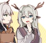  2girls alina_(arknights) animal_ears antlers arknights bag black_neckerchief black_vest blue_eyes blush braid bread deer_antlers deer_ears deer_girl dragon_girl dragon_horns epaulettes food green_eyes grey_shirt hair_between_eyes hair_intakes hand_on_own_chin hand_up holding holding_bag horns jaggy_lines long_hair maguro_kan multiple_girls neckerchief official_alternate_costume open_mouth orange_outline shirt simple_background smile talulah_(arknights) talulah_the_fighter_(arknights) upper_body vest 