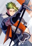  1boy absurdres achilles_(fate) armor black_shirt clenched_teeth fate/grand_order fate_(series) gauntlets green_hair grey_background haruakira highres holding holding_polearm holding_weapon male_focus orange_sash pauldrons polearm ribbed_shirt shirt short_hair shoulder_armor solo spiky_hair sweat sweatdrop teeth weapon yellow_eyes 