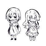  2girls apron arms_behind_back boots bright_pupils chibi dress enpera greyscale hair_ornament hairclip kagerou_project kozakura_marry long_hair long_sleeves looking_at_viewer looking_to_the_side monochrome multiple_girls own_hands_together scarf shoes sidelocks sundress tateyama_ayano v_arms very_long_hair wenyu19_19 