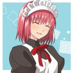  1girl apron black_dress blue_background blush border closed_eyes commentary dress hirakawa hisui_(tsukihime) juliet_sleeves long_sleeves maid maid_apron maid_headdress neck_ribbon open_mouth outside_border puffy_sleeves red_ribbon redhead ribbon short_hair smile solo tsukihime white_apron white_border 