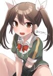 1girl absurdres blush brown_eyes brown_hair elbow_gloves gloves green_jacket hair_between_eyes hair_ribbon highres jacket kantai_collection long_hair looking_at_viewer military_uniform one-hour_drawing_challenge open_mouth pelvic_curtain ribbon shirasumato short_sleeves simple_background single_elbow_glove smile solo tone_(kancolle) twintails twitter_username uniform white_background white_ribbon 