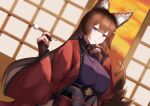  absurdres amagi_(azur_lane) animal_ear_fluff animal_ears azur_lane cotton_swab fox_ears fox_girl fox_tail hand_on_own_face hands_up highres hikimayu holding_cotton_swab indoors japanese_clothes kimono kitsune long_hair long_sleeves looking_at_viewer parted_bangs parted_lips purple_kimono rakuza_(ziware30) red_eyeliner red_kimono tail violet_eyes wide_sleeves 