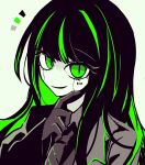  1girl alfonso_(limbus_company) barcode barcode_tattoo black_gloves black_hair black_jacket black_necktie gloves green_eyes green_hair hatosabure highres jacket limbus_company long_hair long_sleeves looking_at_viewer multicolored_hair necktie notice_lines parted_lips portrait project_moon simple_background solo streaked_hair tattoo very_long_hair white_background 