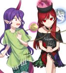  2girls chain clothes_writing collar earth_(ornament) hecatia_lapislazuli highres horns keiki8296 long_hair looking_at_another looking_at_viewer miniskirt moon_(ornament) multicolored_clothes multicolored_skirt multiple_girls off-shoulder_shirt off_shoulder plaid plaid_skirt pointy_ears polos_crown puffy_short_sleeves puffy_sleeves purple_hair red_eyes redhead shirt short_sleeves single_horn skirt smile tail tenkajin_chiyari touhou underworld_(ornament) unfinished_dream_of_all_living_ghost white_background 