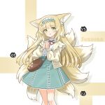  1girl :d absurdres animal_ears arknights bag blonde_hair blue_skirt brown_bag cardigan character_name feet_out_of_frame fox_ears fox_girl fox_tail frilled_hairband frills green_eyes hairband heixiu highres jiuyu_qame long_hair long_sleeves luo_xiaohei_zhanji multicolored_hair neck_ribbon official_alternate_costume open_cardigan open_clothes open_mouth own_hands_together red_ribbon ribbon shirt shirt_tucked_in shoulder_bag simple_background skirt smile solo streaked_hair suzuran_(arknights) suzuran_(spring_praise)_(arknights) tail white_hair white_shirt yellow_cardigan 