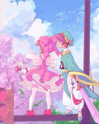  1boy 1girl blue_sky brown_hair candiirabbitart cardcaptor_sakura clouds cloudy_sky gloves green_footwear green_headwear highres holding holding_sword holding_wand holding_weapon kinomoto_sakura li_xiaolang pink_headwear sky sword tree wand weapon white_gloves wings 