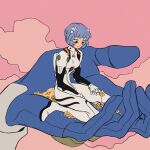  ayanami_rei black_eyes blue_hair bodysuit breasts eva_00 flower highres interface_headset mecha neon_genesis_evangelion pilot_suit pink_background pink_sky plugsuit robot short_hair size_difference sky white_bodysuit xephia yellow_flower 