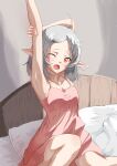  1girl ahoge arm_up bed commentary_request elf highres indoors looking_at_viewer medium_hair mushoku_tensei nightgown on_bed one_eye_closed open_mouth pink_nightgown pointy_ears red_eyes solo stretching syagare sylphiette_(mushoku_tensei) waking_up white_hair 