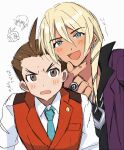  2boys :d ace_attorney annoyed antenna_hair apollo_justice aqua_necktie black_shirt blonde_hair blue_eyes blush brown_eyes brown_hair chain_necklace collared_shirt dark-skinned_male dark_skin doodle_inset drill_hair earrings finger_heart grgrton hair_between_eyes jacket jewelry klavier_gavin lapel_pin lapels looking_at_viewer male_focus multiple_boys multiple_views necklace necktie open_collar open_mouth purple_jacket red_vest ring shirt simple_background sketch sleeves_rolled_up smile translation_request upper_body v-shaped_eyebrows vest white_background white_shirt 