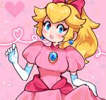  1girl blonde_hair blue_eyes brooch dress earrings elbow_gloves gloves heart highres iamfixated jewelry looking_at_viewer official_alternate_hairstyle pink_dress ponytail princess_peach puffy_short_sleeves puffy_sleeves short_sleeves solo sphere_earrings super_mario_bros. untitled_princess_peach_game upper_body white_gloves 
