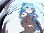 1girl bare_tree blue_bow blue_dress blue_eyes blue_hair blue_scarf blush bow brown_coat chikuzen1996 cirno closed_mouth coat cowboy_shot dress fairy fur-trimmed_coat fur_trim hair_between_eyes hair_bow highres ice ice_wings long_sleeves open_clothes open_coat scarf short_hair solo touhou tree wings 