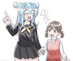  black_sailor_collar blue_hair blue_wings blush_stickers brown_eyes brown_hair closed_eyes crossover doujima_nanako dress elira_pendora grey_skirt head_wings highres holding_hands lillie_(uhlillie) long_hair long_sleeves neckerchief nijisanji nijisanji_en persona persona_4 pink_dress pleated_skirt sailor_collar school_uniform short_hair short_twintails skirt turtleneck twintails wings yasogami_school_uniform yellow_neckerchief 