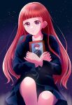  1girl babel_ii black_shirt blunt_bangs crossed_arms crying crying_with_eyes_open furumi_yumiko holding holding_photo long_hair night night_sky outdoors photo_(object) red-hair shirt sitting sky solo star_(sky) starry_sky tears very_long_hair violet_eyes 