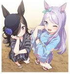  2girls :o ;d absurdres animal_ears black_hair black_headwear blue_flower blue_kimono blue_rose brown_footwear commentary_request flower from_above grey_kimono grey_shorts hair_over_one_eye hat hat_flower highres horse_ears horse_girl horse_tail japanese_clothes kimono long_hair long_sleeves looking_at_viewer looking_up mejiro_mcqueen_(umamusume) multiple_girls obi one_eye_closed parted_lips purple_hair rice_shower_(umamusume) rose sandals sash shorts smile standing striped striped_kimono striped_shorts swept_bangs tail tilted_headwear toes umamusume vertical-striped_kimono vertical-striped_shorts vertical_stripes very_long_hair violet_eyes wide_sleeves yukie_(kusaka_shi) zouri 