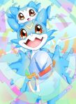  chibimon claws digimon digimon_(creature) digitama egg evolutionary_line happy highres looking_at_viewer no_humans open_mouth red_eyes shioronshion smile tail v-mon 