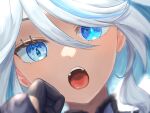  1girl black_gloves blue_eyes eryd8787 furina_(genshin_impact) genshin_impact gloves hair_between_eyes highres looking_at_viewer open_mouth solo teeth tongue upper_teeth_only white_hair 