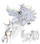 1boy 1girl animal_ear_fluff animal_ears animal_hands belly_rub black_hair blue_eyes body_fur claws closed_eyes closed_mouth commentary digitigrade fang fang_out full_body grey_fur grey_hair hand_up leviair licking licking_another&#039;s_face light_blush long_hair long_sleeves looking_at_another lying monster_boy multiple_views on_back one_eye_closed original parted_lips playing_with_another&#039;s_hair simple_background sitting sitting_on_lap sitting_on_person sketch skirt symbol-only_commentary tail toned toned_male tongue tongue_out white_background wolf_boy wolf_ears wolf_tail yellow_eyes 