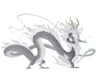  1boy absurdres antlers blue_eyes blue_tongue centauroid claws colored_skin colored_tongue dragon dragon_boy dragon_tail eastern_dragon fang floating_hair full_body grey_fur grey_hair grey_scales grey_skin hand_on_own_chest highres leviair long_hair looking_at_viewer male_focus mane monster_boy open_mouth original pointy_ears scales simple_background slit_pupils solo standing tail taur toned toned_male very_long_hair white_background 