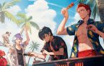  4boys abs black_hair blonde_hair blue_eyes blue_hair blue_sky closed_eyes clouds contrail cooking crab earrings eyewear_removed flower grill hammock hawaiian_shirt hizaki_gamma holding holding_knife holding_skewer holostars jewelry knife looking_at_another looking_at_viewer male_focus medium_hair minase_rio multicolored_hair multiple_boys muscular navel open_clothes open_mouth open_shirt palm_tree pectorals pink_hair purple_hair raw_meat red_flower redhead shirt short_hair shorts skewer sky smile summer sunglasses sweat thriller_romero tree uproar_(holostars) utsugi_uyu waving yatogami_fuma yellow_eyes 