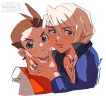  2boys :&lt; :d ace_attorney antenna_hair apollo_justice black_shirt blonde_hair blue_eyes blush_stickers brown_eyes brown_hair closed_mouth cropped_shoulders dot_nose drill_hair earrings grgrton hand_on_another&#039;s_chin jacket jewelry klavier_gavin long_sleeves looking_at_viewer male_focus medium_hair multiple_boys open_collar open_mouth portrait purple_jacket red_vest ring shirt short_hair simple_background smile translation_request v-shaped_eyebrows vest white_background 