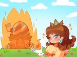  1girl blue_eyes brown_hair burning_building clouds crown dress earrings eyelashes fire fire_daisy flower_earrings freckles frilled_gloves frills gloves grass highres house jewelry looking_at_viewer looking_back manysart1 princess_daisy smile sparkle super_mario_bros. super_mario_bros._wonder white_gloves yellow_dress 