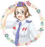  1girl :d ace_attorney blue_headwear blue_necktie brown_eyes brown_hair feathers floral_background glasses hair_ornament hairclip hand_up hat_feather hiraishi_wataru looking_at_viewer maggey_byrde necktie pocket salute shirt short_hair short_sleeves smile solo upper_body white_background white_shirt 