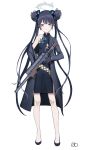  1girl ahneato black_coat black_dress black_hair blue_archive butterfly_hair_ornament china_dress chinese_clothes coat collarbone commentary_request cs/ls06 double_bun dress full_body grey_eyes gun hair_between_eyes hair_bun hair_ornament halo highres holding holding_gun holding_weapon kisaki_(blue_archive) long_hair long_sleeves looking_at_viewer open_clothes open_coat pelvic_curtain print_dress side_slit sidelocks simple_background sleeveless sleeveless_dress sleeveless_turtleneck solo standing turtleneck turtleneck_dress twintails weapon white_background 