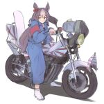  1girl animal_ears balladeluce black_tube_top blue_jumpsuit bousouzoku brown_eyes brown_hair collarbone delinquent flag frown grey_hair hair_between_eyes highres horse_ears horse_girl jumpsuit long_hair low_twintails motor_vehicle motorcycle rising_sun_flag shadow sitting solo strapless sunburst tube_top twintails umamusume vehicle_focus very_long_hair white_background yamanin_zephyr_(umamusume) 
