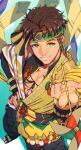  1boy abs aduti_momoyama braid bridal_gauntlets claude_von_riegan claude_von_riegan_(winds_offered) fire_emblem fire_emblem:_three_houses fire_emblem_heroes from_above green_headband hand_on_own_hip headband highres holding_pinwheel japanese_clothes looking_at_viewer official_alternate_costume pinwheel sandals single_braid smile solo 