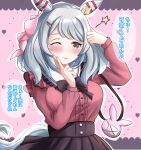  :p alternate_costume animal_ears blush breasts brown_eyes casual commentary_request grey_hair hair_ornament hishi_miracle_(umamusume) horse_ears horse_girl horse_tail liukensama medium_breasts one_eye_closed simple_background tail tongue tongue_out translation_request umamusume 